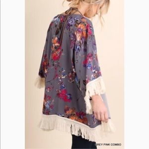 Umgee Floral Fringe Kimono Cardigan Blouse Coverup